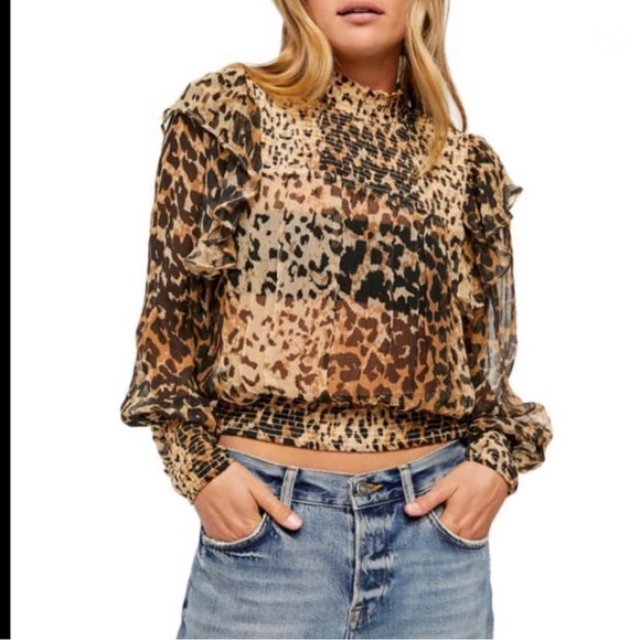 New FREE PEOPLE Roma Ruffle Blouse Top Shirt Leopard Animal Print Semi Sheer NWT - Picture 15 of 15